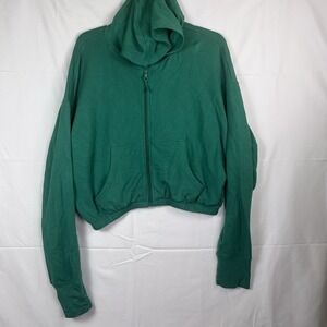 OFFLINE By Aerie Fleece Hoodie SZ L Full-Zip Crop Elastic Waist Christmas Green